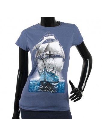 Koszulka damska „Nie bój się, wypłyń na głębię!” stalowo-niebieska